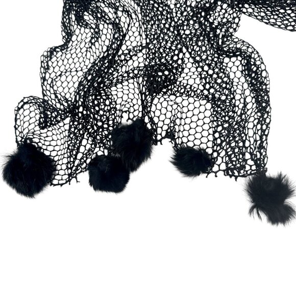 Black Mesh Scarf Fur Pom Pom Evening Shawl Fishnet Wrap - Picture 2 of 9